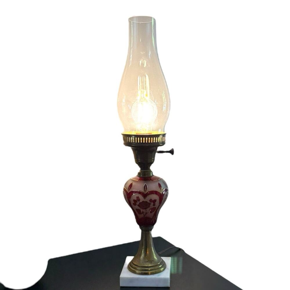Vtg Cranberry Bohemian Czech Parlor Lamp Marble Base 19” Hurricane Glass Shade